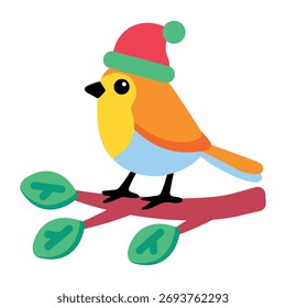 Flat style icon showing small winter sparrow perched on a branch 
