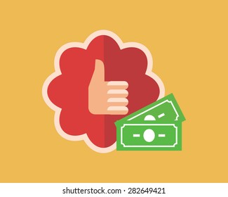Flat style icon with thumb up on red badge with white edge