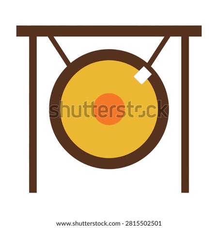 A flat style icon of a traditional Chinese gong hanging from a brown wooden frame. This musical percussion instrument symbol represents sound, zen, and mindfulness.