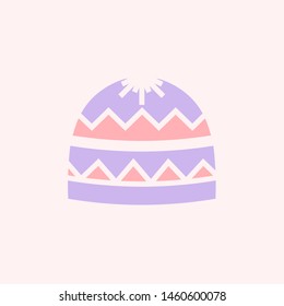 Flat style icon of winter hat with pattern. Vector illustration in pastel colors. Isolated design element.