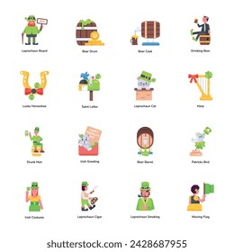 Flat Style Icons Depicting Irish Good Luck Day 