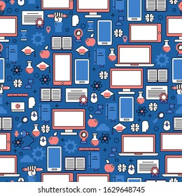 Flat style icons of education and science research, seamless pattern, vector illustration. Wrapping paper design, set of emblems and symbols in repeated background. Online education, computer devices
