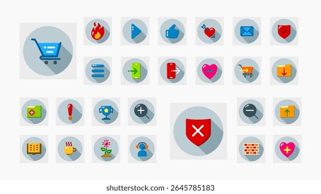 Flat style icons with long shadows for e-commerce, UI controls, and emotional states. Perfect for mobile apps and websites.