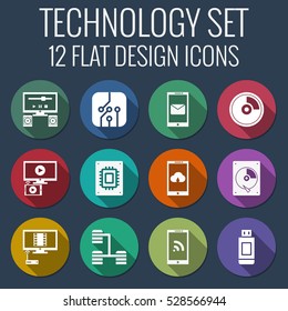 Flat style icons set for mobile app and web with long shadow effect on a colored background. Colorful circular buttons. Technology theme.
