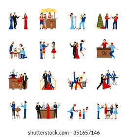 Flat style icons set of partying people like celebration meeting dancing party and other isolated vector illustration