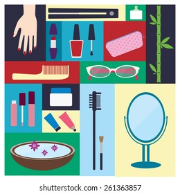 Flat style icons set. Vector illustration. Beauty, spa, cosmetic and make up elements isolated on colored background