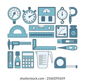 Flat style icons of various measuring instruments like scales, rulers, thermometers, and gauges. Perfect for engineering, science, or educational design projects.