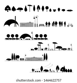 Flat style icons of various trees , bushes, parks elements  and compositional templates for your park design. Vector illustration.
