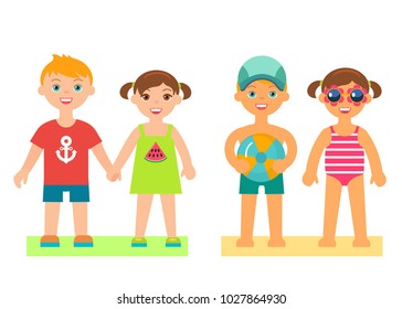  Flat style icons.  Vector cartoon boy and girl on summer vacation, camp and beach