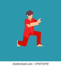 Flat style icons for wushu sport club, competition, event, brochure isolated on blue background