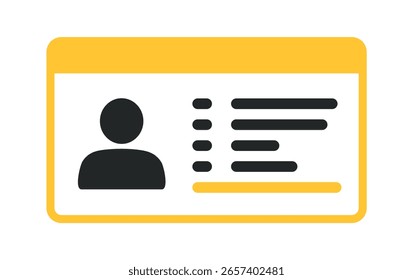 Ícone de cartão de identificação de estilo plano com silhueta do usuário e linhas de texto, exibido em um fundo branco limpo com acentos amarelos, simbolizando identidade e autorização. Ilustração vetorial