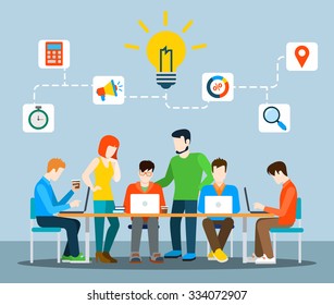 Flat Style Idea Brainstorming Creative Team Concept Web Infographics Vector Illustration. Creative People Collection. Group Of Casual Young Male Female Working Table Icon Connections.