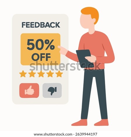 Flat Style Illustrated Man Feedback with Fifty Percent Off Promotion Concept