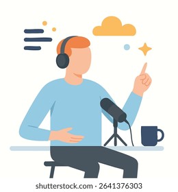 Flat Style Illustrated Podcast Host with Microphone and Studio Setup Design Concept