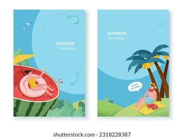 Flat style illustrated relaxing summer poster template set isolated on white background. Miniature girl sunbathing on watermelon and boy eating watermelon slice.