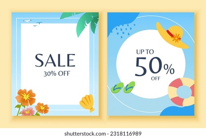 Flat style illustrated summer sale poster set isolated on pastel yellow background. Blue poster design with tropical foliage, seashells, flowers and beach elements.