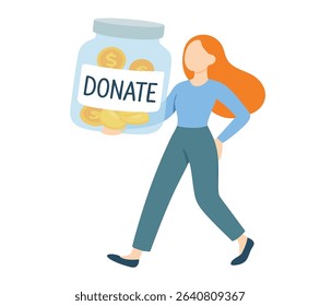 Flat Style Illustrated Woman Holding Donate Jar Charity Illustration