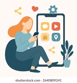 Flat Style Illustrated Young Woman Using Mobile Device Application on Screen
