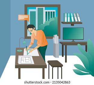 Flat style illustration about an architect working in his office