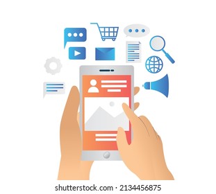 Flat style illustration about social media marketing strategy with smartphone and icon