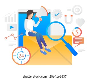 Flat style illustration about a woman's email marketing sitting on an envelope holding a loudspeaker