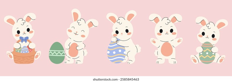 Flat style illustration of adorable Easter bunnies in various poses with decorated eggs and a basket, perfect for festive designs, greeting cards, and seasonal decorations.