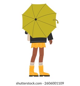 Flat Style Illustration of an African Woman in Yellow Wellies with an Umbrella, Modern Rainy Day Look