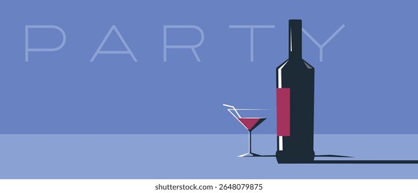 Flat style illustration, alcohol bottle, cocktail glass, dark background. Design for drink party, alcohol shop poster, restaurant, kitchen decor. Martini, margarita, drink, cocktail bar