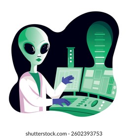 Flat style illustration of an alien scientist character 