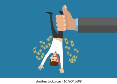 Flat style illustration of anonymous official holding worker and shaking to knock out all money. To drain out of money concept. Eps vector illustration, horizontal image, flat style graphic design.