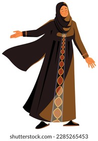 Flat style illustration of Arab woman in traditional abaya dress.