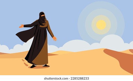 Flat style illustration of Arab woman in the desert in traditional dress.