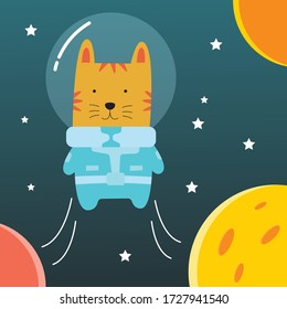 flat style illustration of an astronaut cat in space around the planets