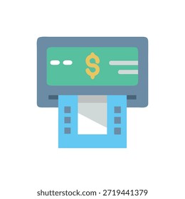 Una ilustración de estilo plano de un cajero automático, mostrando un signo de dólar. Paleta de colores pastel y composición limpia.