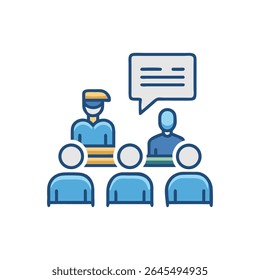 Flat style illustration of an audience attending a presentation or a seminar session. Depicts people with speech bubble.