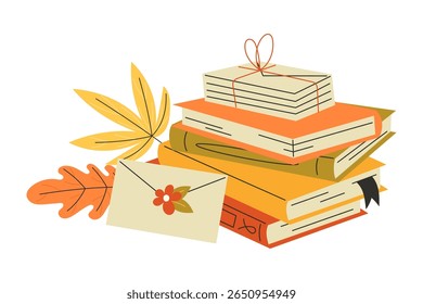 Flat style illustration of autumn books and letters with colourful leaves and envelope