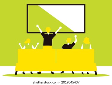 Flat style illustration of back view　people watching TV at home