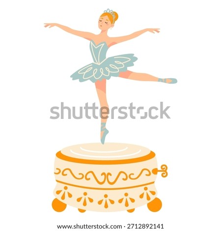 Flat style illustration of a ballerina dancing on a vintage music box, ideal for ballet themed designs, children decor, and whimsical fairytale projects