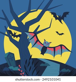 A flat style illustration of a bat flying from a desolate graveyard at night to celebrate Halloween