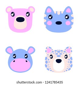 Flat style illustration with bear, cat and other animals. Cartoon vector set