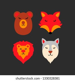 Flat style illustration with bear, fox, wolf, lionCartoon vector set of animals