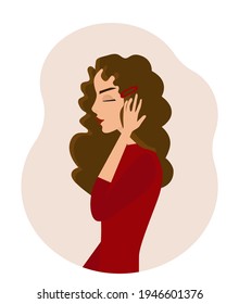 Flat style illustration. Beautiful young girl in a red dress fixing her hair. She touching a barrette on her curly hair. 