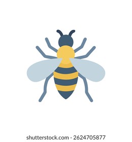 Ilustração de estilo plano de uma abelha com listras amarelas e azuis contra um fundo branco, criando um design gráfico limpo.