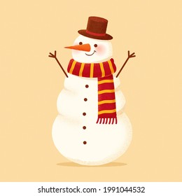 Ilustración plana del gran muñeco de nieve. Un muñeco de nieve dibujado a mano con un bufanda rojo y un sombrero con brazos hechos de ramas que se extienden sobre un fondo amarillo