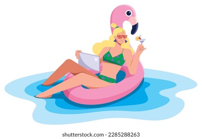 Flat style illustration with blond young woman sitting on inflatable pink flamingo in the water of the sea, ocean or swimming pool, while drinking cocktail and working on her tablet.