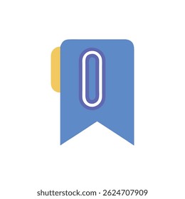 A flat style illustration of a blue bookmark with a yellow ribbon marker on a White Background.