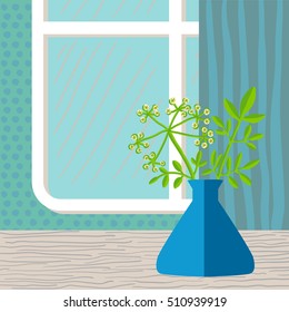 Flat style illustration of a blue interior with a window and a vase with flowers beside it, curtain, wallpaper and a wooden table visible.