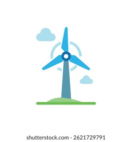 Flat style illustration of a blue wind turbine surrounded by clouds. Symbolizes renewable energy and environmental sustainability against a White Background.