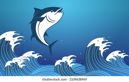 Flache Illustration eines Roten Thuns, der von starken Wellen hervorspringt, die Wasser durch das Meer auf blauem Hintergrund sprengen