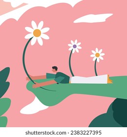 Flat style illustration. Boy with flowers in the park